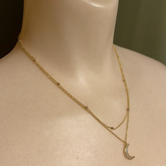 Sterling Silver Gold Plated Crescent Moon Double Strand Crystal Necklace - Picture 10 of 11